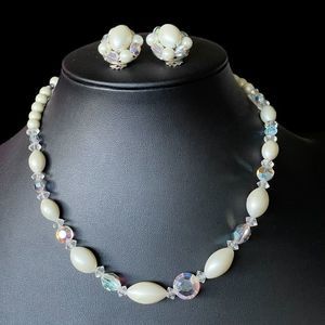 Vintage Faux White Pearl & Aurora Borealis Beaded Clip Earrings Necklace Set